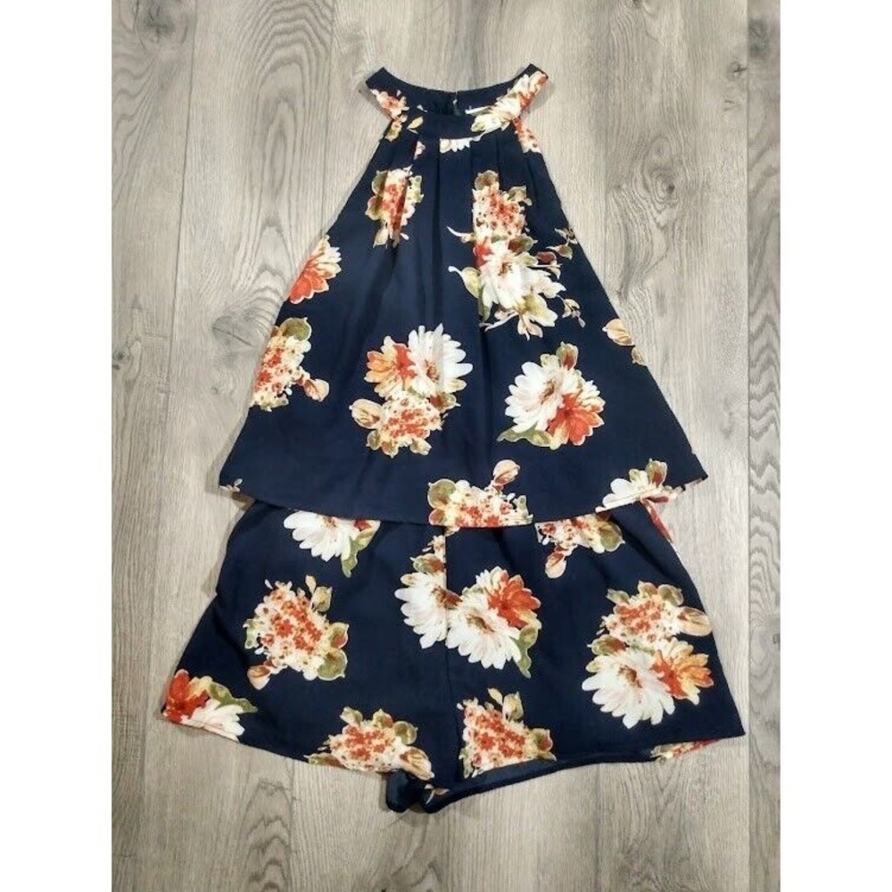Entro High Neck Romper Womens Medium Sleeveless Shorts Lined Floral Blue